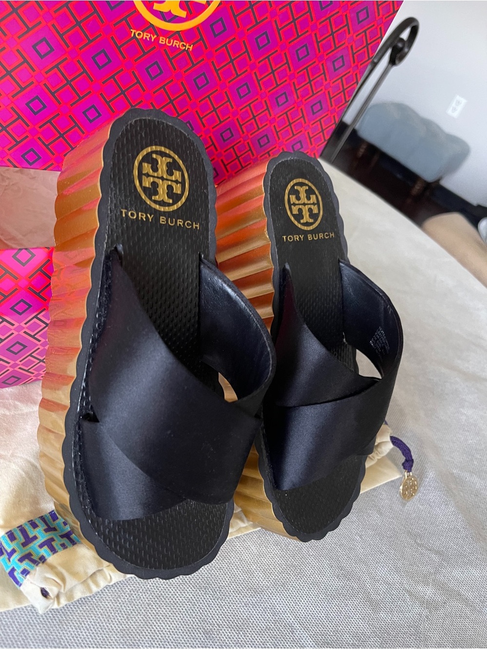 Tory Burch Black Satin Scallop Wedge Platform Cross-Strap Slide Sandals - Picture 6 of 14